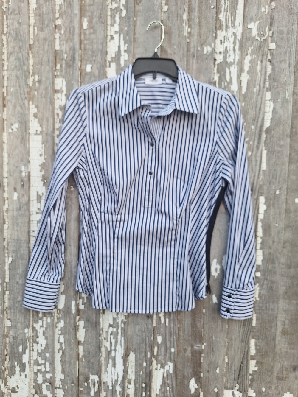 Per Se Blue and White Striped Button-Up Blouse Size 12